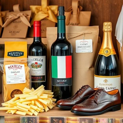 Assortimento di prodotti Made in Italy: pasta, vino, scarpe di pelle e abbigliamento di alta moda.