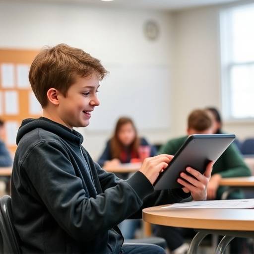 Studente che utilizza un tablet in classe per l'apprendimento