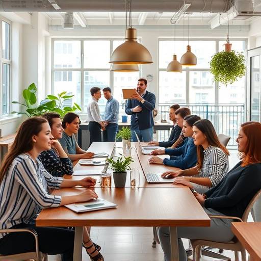 Uomini e donne che lavorano insieme in uno spazio di co-working luminoso e moderno