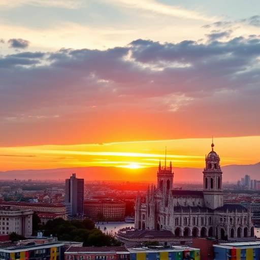 Vista panoramica di Milano con il Duomo illuminato al tramonto